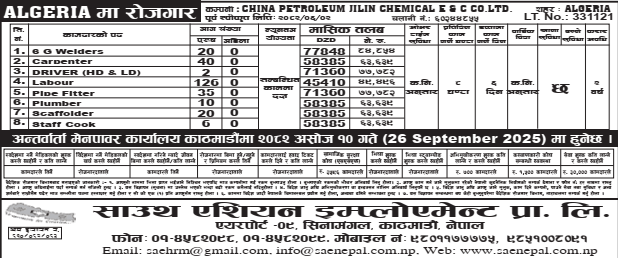 Job in CHINA PETROLEUM JILIN CHEMICAL E & C CO.LTD. ALGERIA